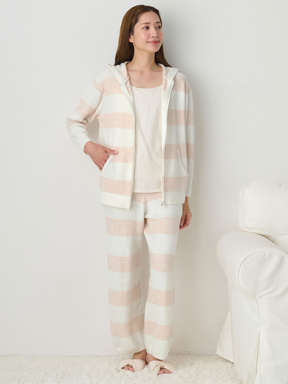 マタニティ トップス|ニットパーカー ルームウェア マタニティ・授乳服 【出産後も長く使える】|オフ×ピンク