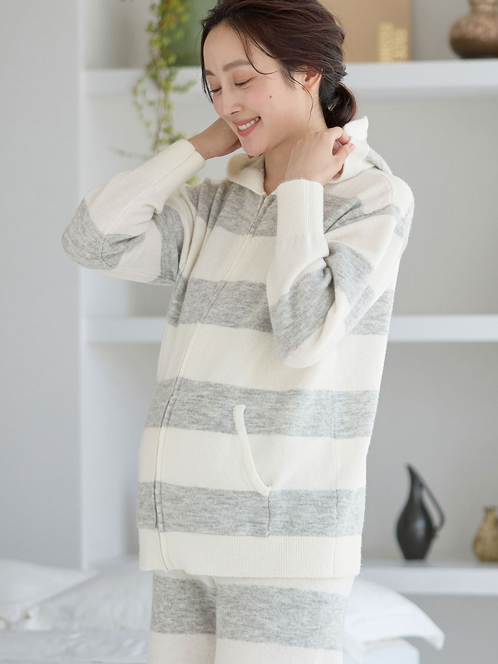マタニティ トップス|ニットパーカー ルームウェア マタニティ・授乳服 【出産後も長く使える】|オフ×グレー