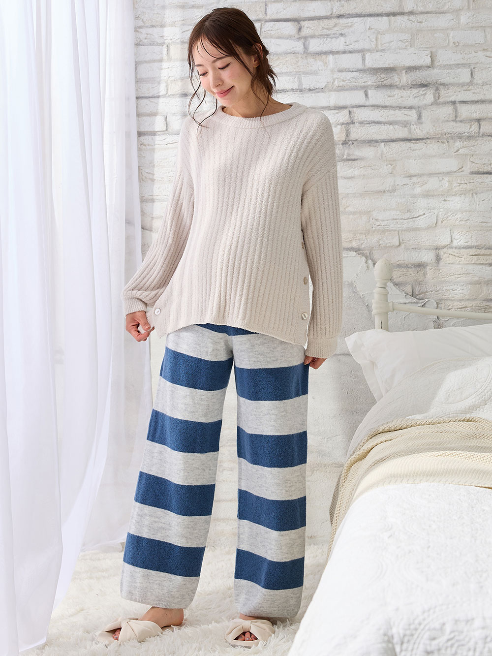マタニティ パジャマ・ルームウェア|ニットパンツ ルームウェア マタニティ・産後 【出産後も長く使える】|グレー×ブルー