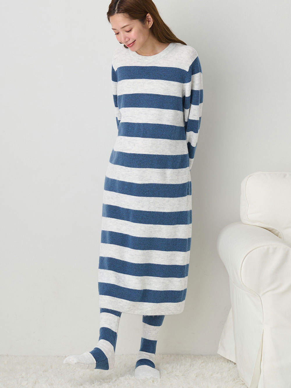 マタニティ パジャマ・ルームウェア|ニットネグリジェ&2WAYレッグウォーマー マタニティ・授乳服 【出産後も長く使える】|グレー×ブルー