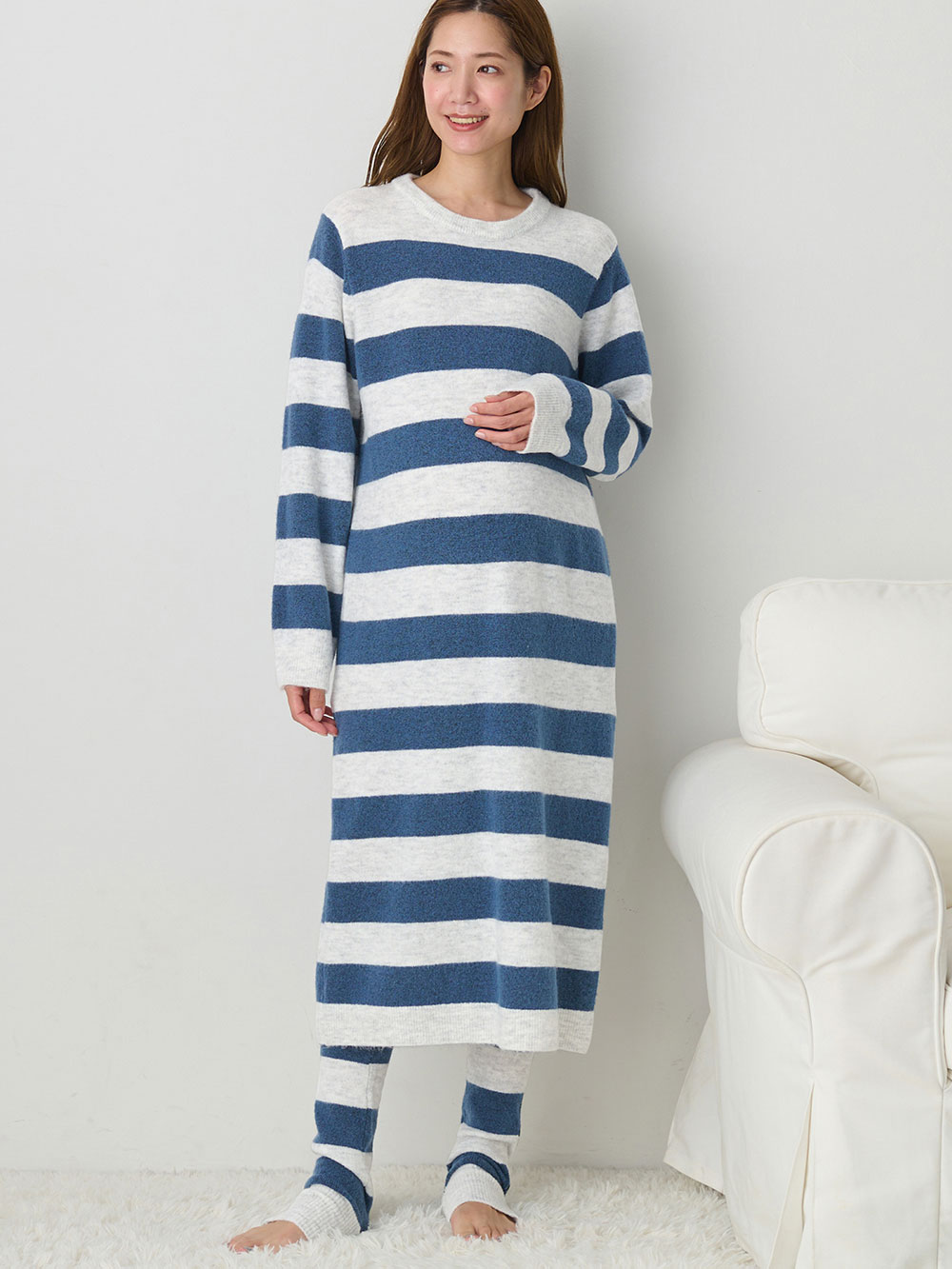マタニティ パジャマ・ルームウェア|ニットネグリジェ&2WAYレッグウォーマー マタニティ・授乳服 【出産後も長く使える】|グレー×ブルー