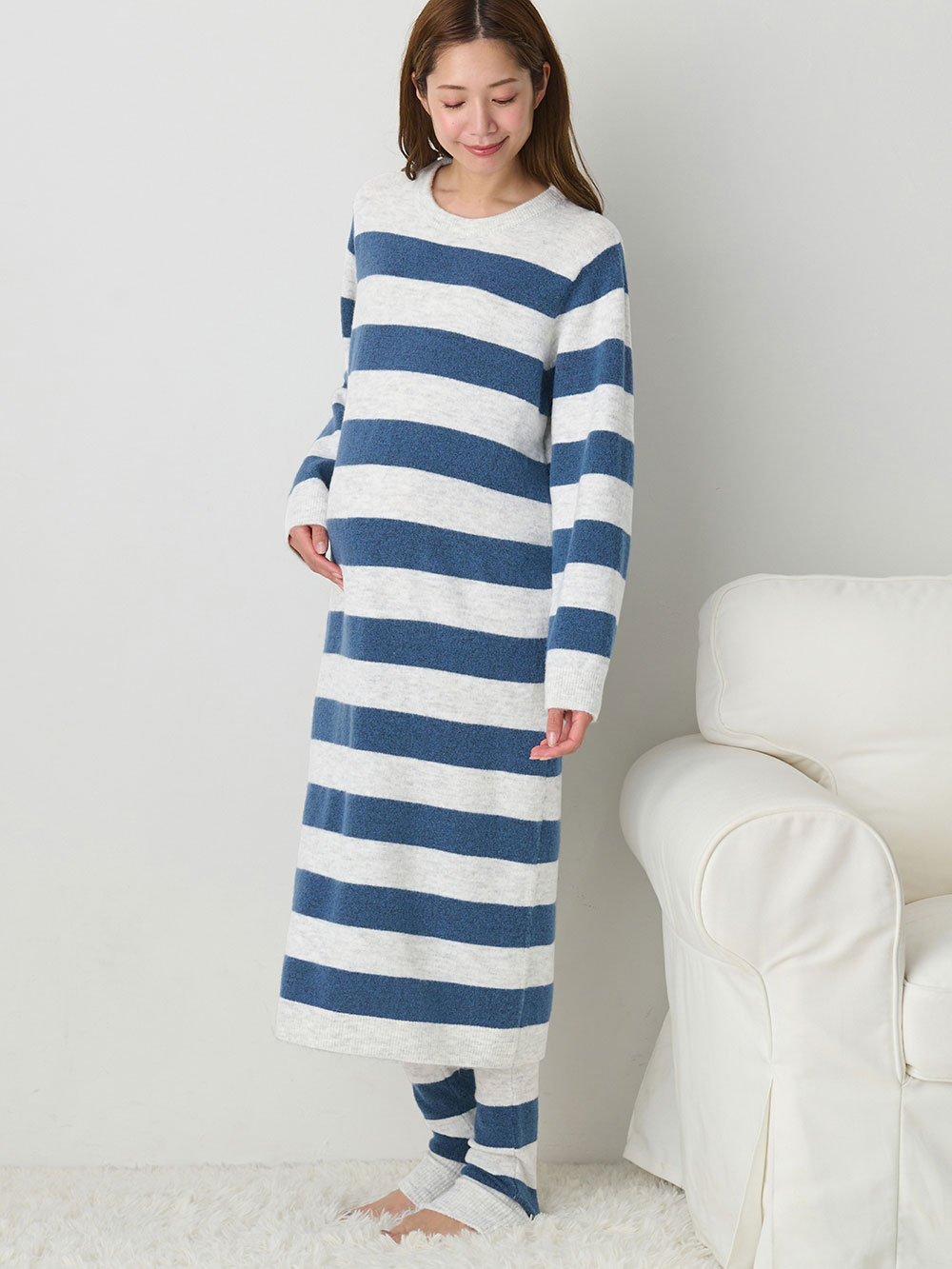 マタニティ パジャマ・ルームウェア|ニットネグリジェ&2WAYレッグウォーマー マタニティ・授乳服 【出産後も長く使える】|グレー×ブルー