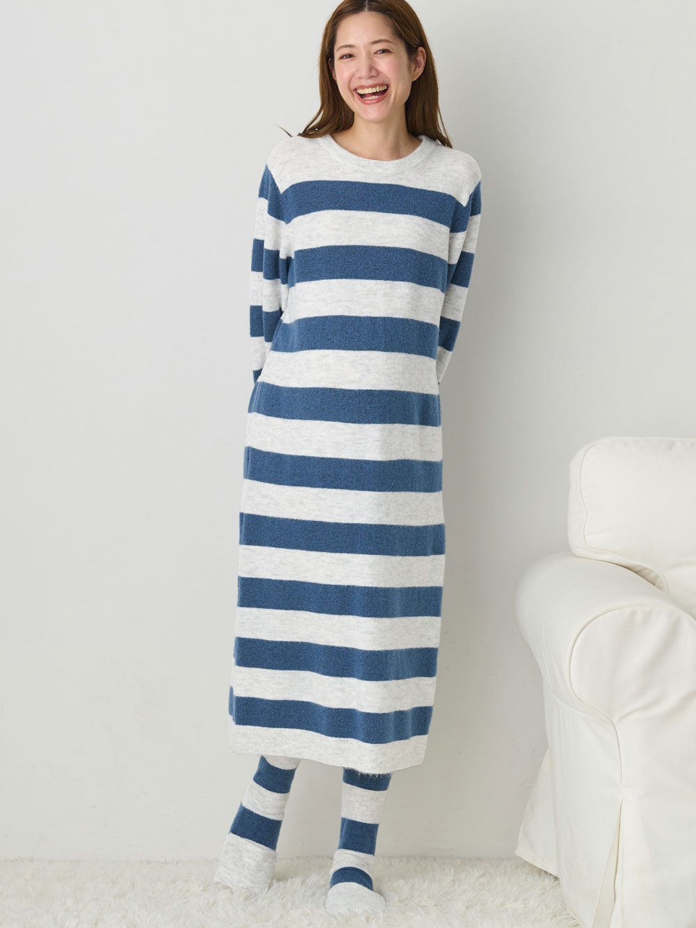 マタニティ パジャマ・ルームウェア|ニットネグリジェ&2WAYレッグウォーマー マタニティ・授乳服 【出産後も長く使える】|グレー×ブルー