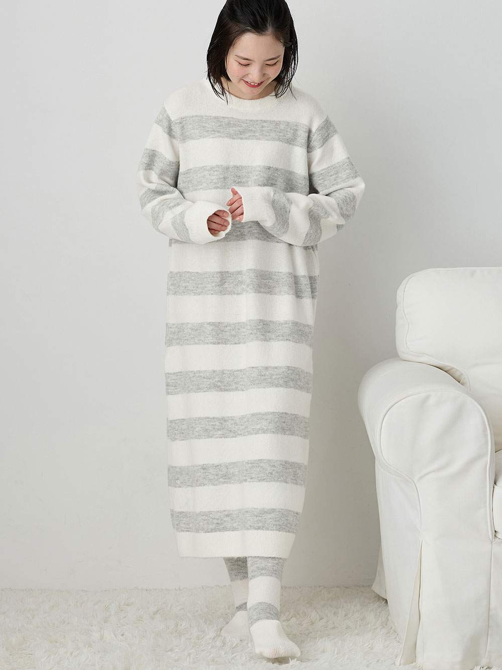 マタニティ パジャマ・ルームウェア|ニットネグリジェ&2WAYレッグウォーマー マタニティ・授乳服 【出産後も長く使える】|オフ×グレー