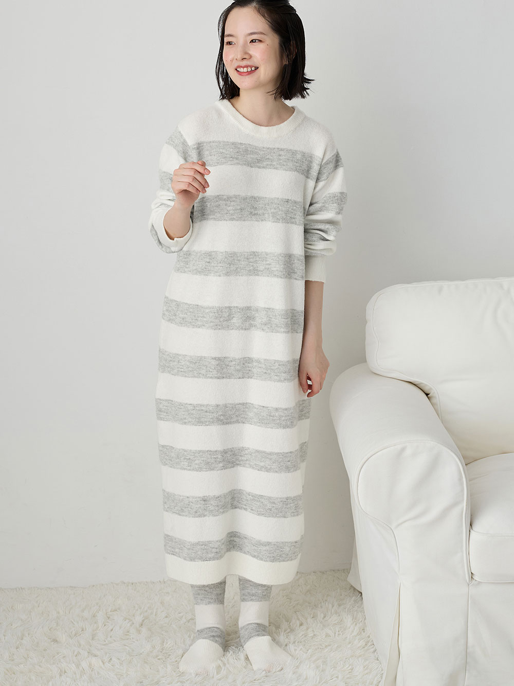 マタニティ パジャマ・ルームウェア|ニットネグリジェ&2WAYレッグウォーマー マタニティ・授乳服 【出産後も長く使える】|オフ×グレー