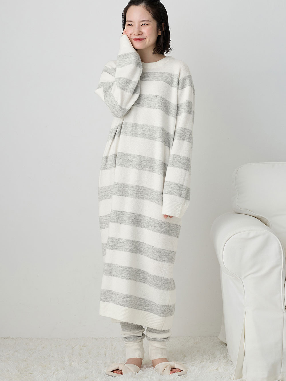 マタニティ パジャマ・ルームウェア|ニットネグリジェ&2WAYレッグウォーマー マタニティ・授乳服 【出産後も長く使える】|オフ×グレー