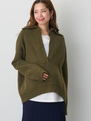 マタニティ トップス|深V ネックニット マタニティ・授乳服 【出産後も長く使える】|カーキ