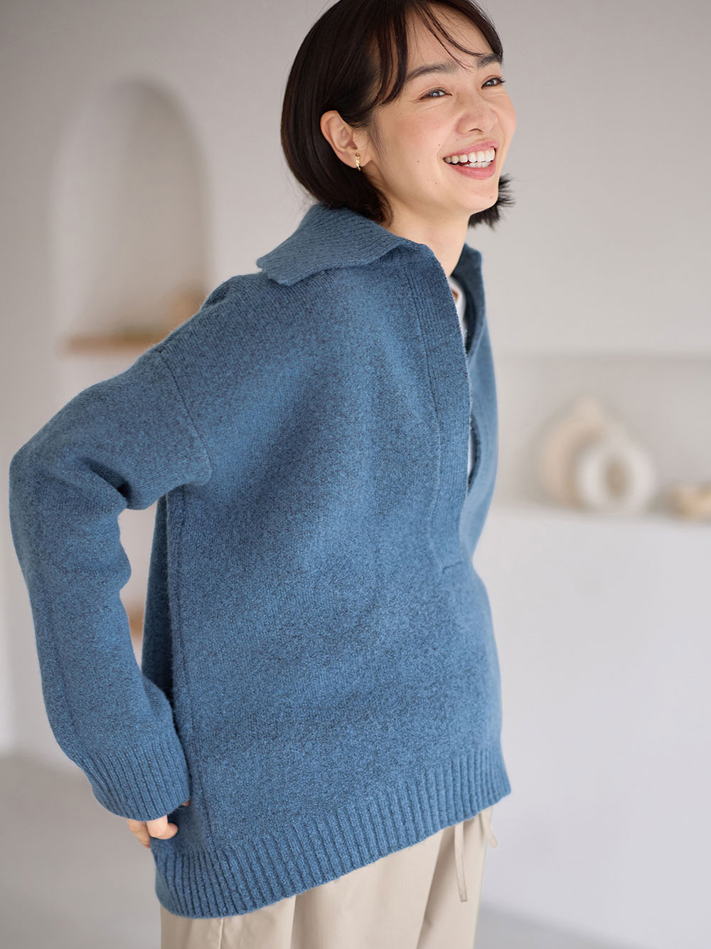 マタニティ トップス|深V ネックニット マタニティ・授乳服 【出産後も長く使える】|ブルー