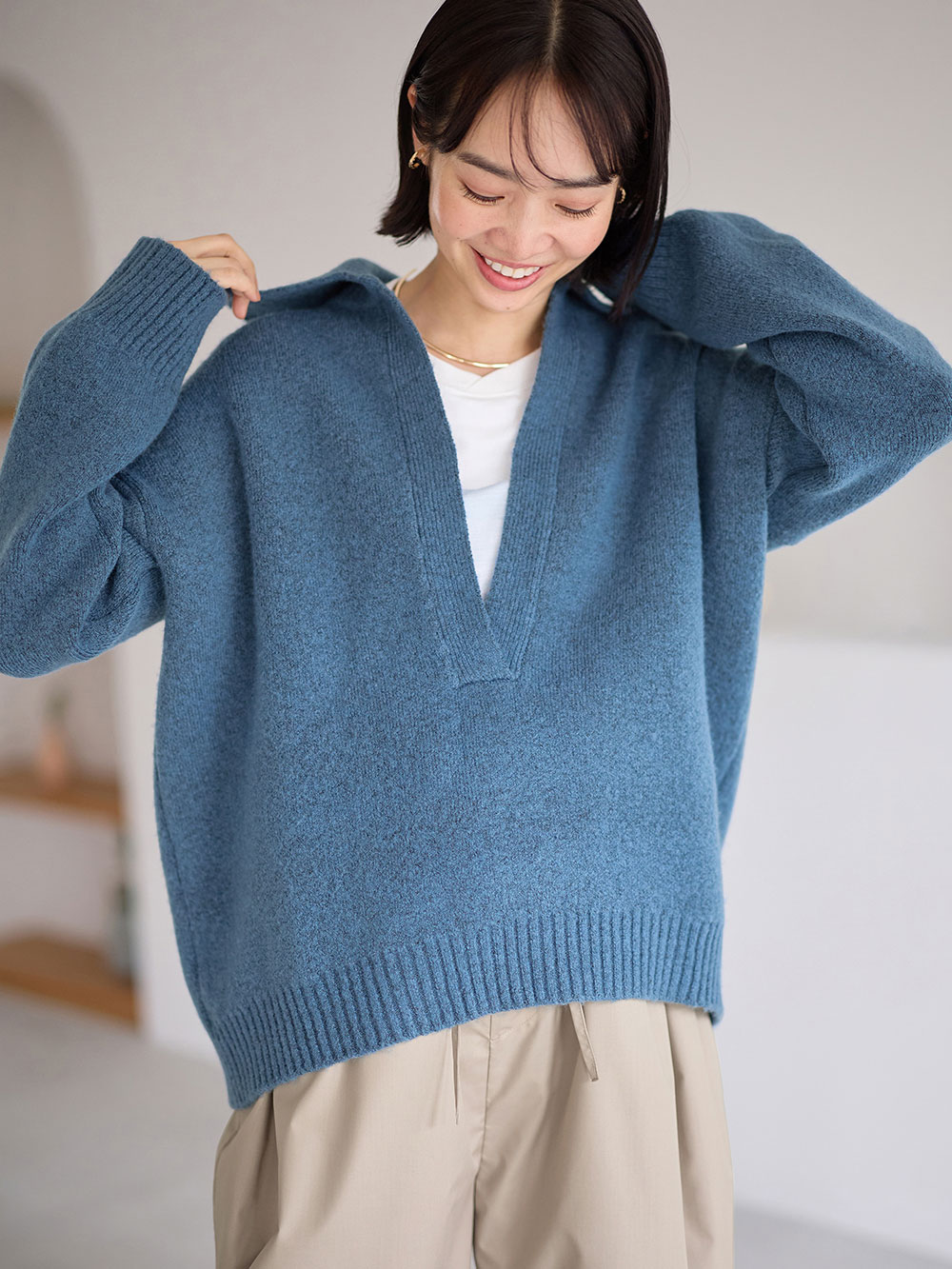 マタニティ トップス|深V ネックニット マタニティ・授乳服 【出産後も長く使える】|ブルー