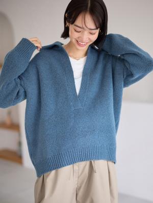 マタニティ トップス|深V ネックニット マタニティ・授乳服 【出産後も長く使える】|ブルー