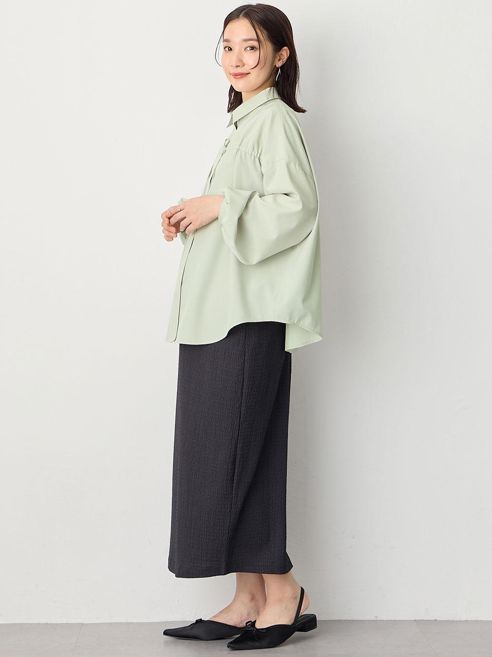 マタニティ トップス|フロントギャザーブラウス　マタニティ 授乳服【出産後も長く使える】|ライトグリーン