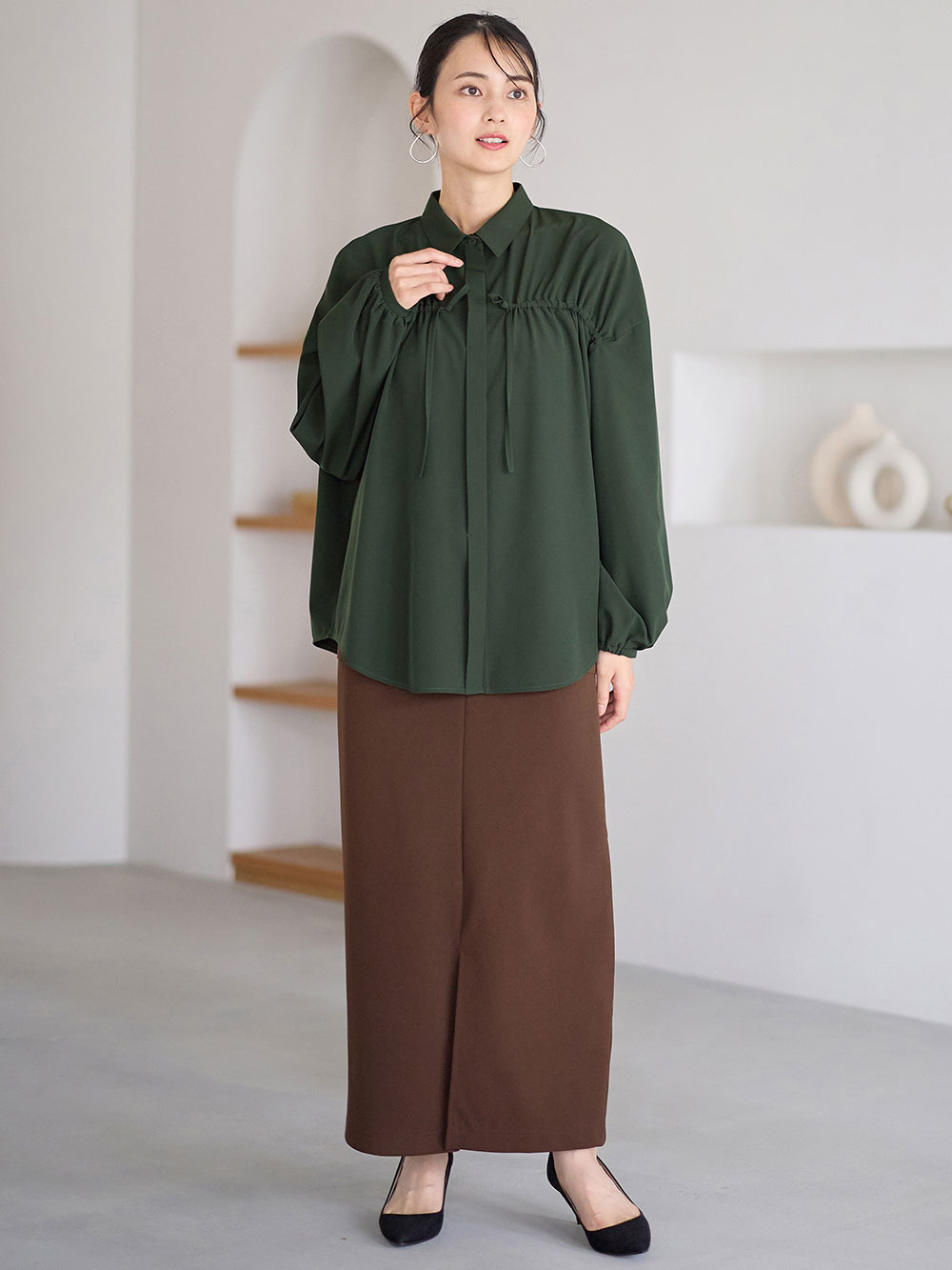 マタニティ トップス|フロントギャザーブラウス　マタニティ 授乳服【出産後も長く使える】|フォレストグリーン