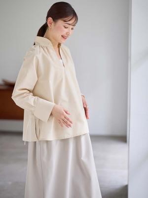マタニティ トップス|綿混ギャザーハイネックブラウス　マタニティ　授乳服【出産後も長く使える】|アイボリー
