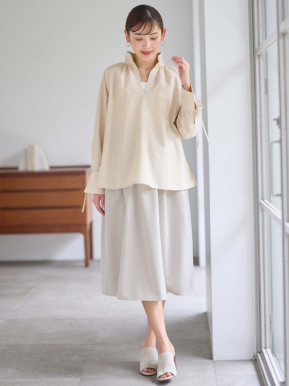 マタニティ トップス|綿混ギャザーハイネックブラウス　マタニティ　授乳服【出産後も長く使える】|アイボリー