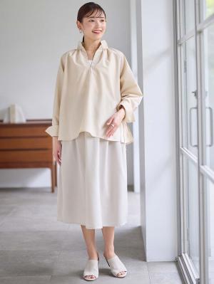 マタニティ トップス|綿混ギャザーハイネックブラウス　マタニティ　授乳服【出産後も長く使える】|アイボリー