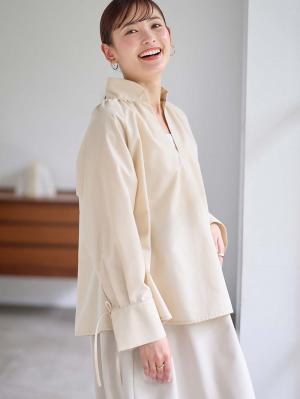 綿混ギャザーハイネックブラウス　マタニティ　授乳服【出産後も長く使える】10413