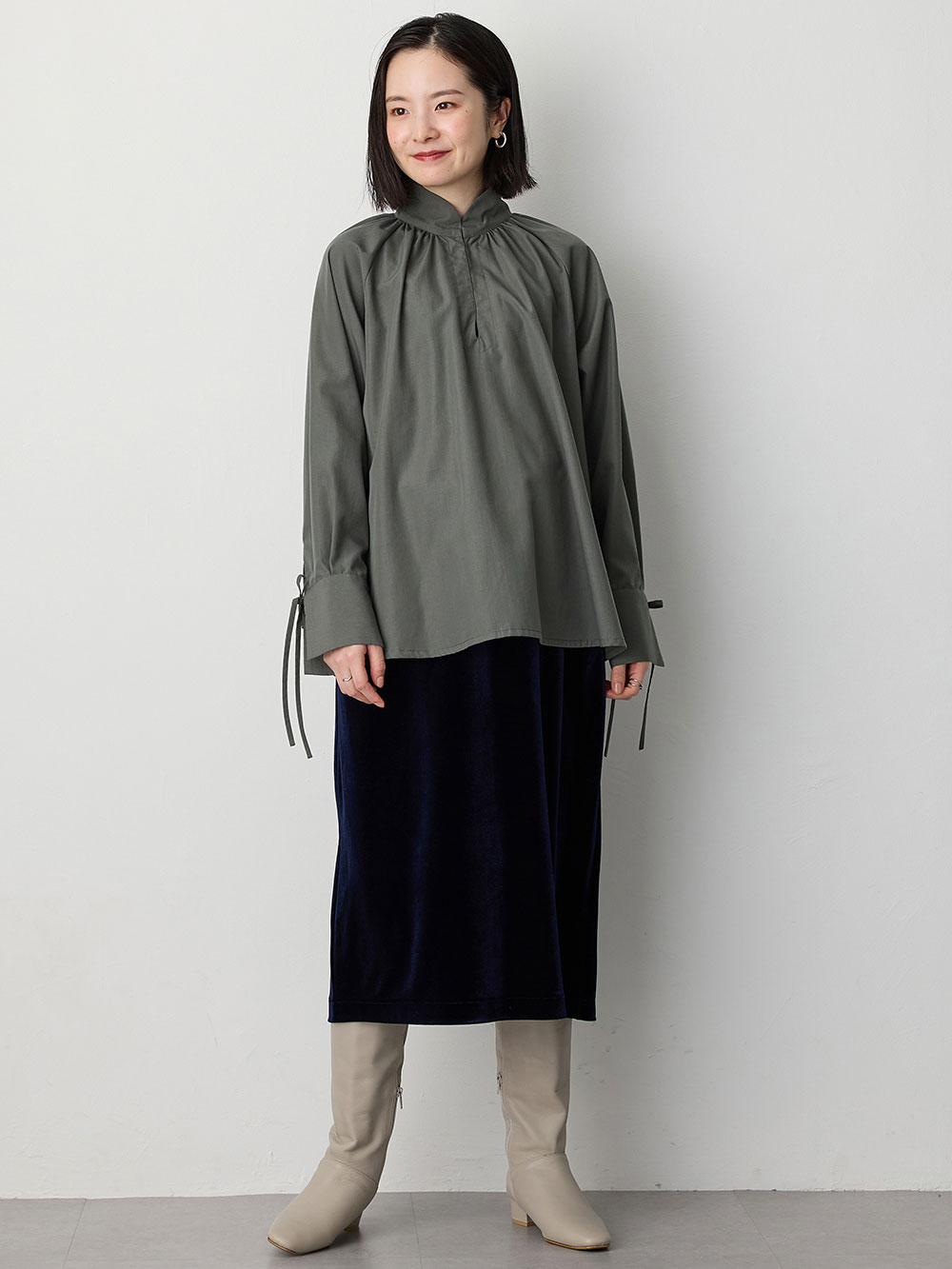 マタニティ トップス|綿混ギャザーハイネックブラウス　マタニティ　授乳服【出産後も長く使える】|グレー