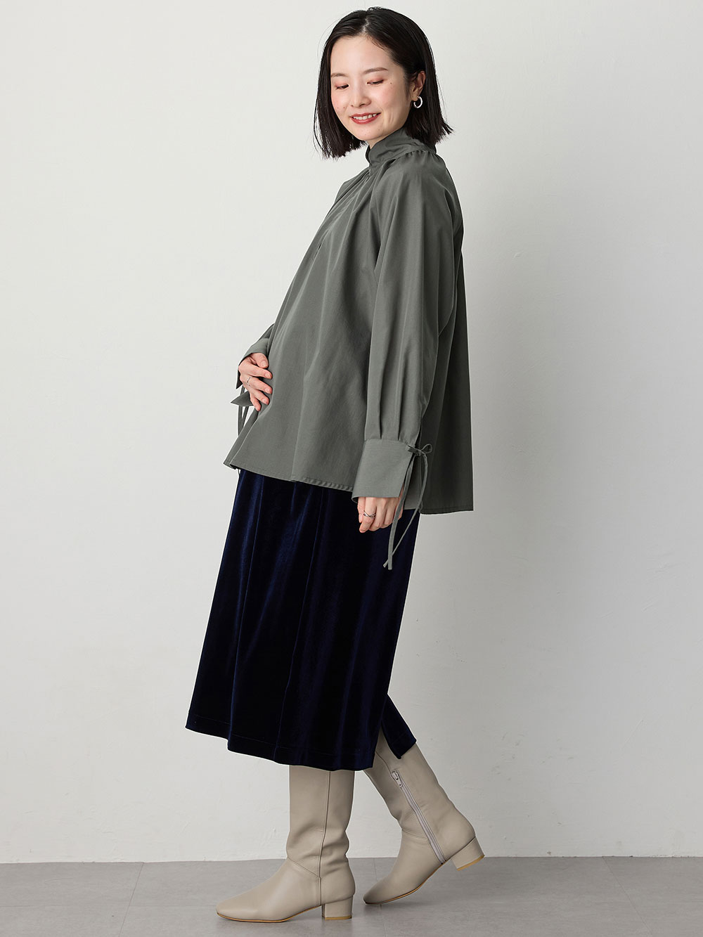 マタニティ トップス|綿混ギャザーハイネックブラウス　マタニティ　授乳服【出産後も長く使える】|グレー