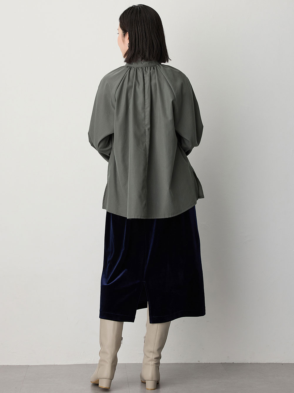 マタニティ トップス|綿混ギャザーハイネックブラウス　マタニティ　授乳服【出産後も長く使える】|グレー