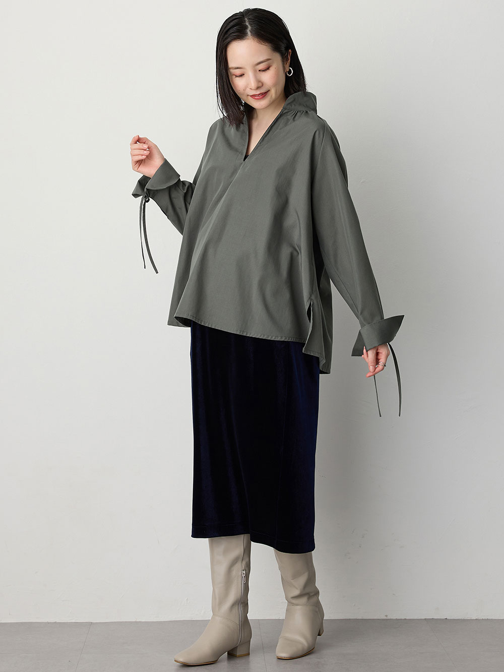 マタニティ トップス|綿混ギャザーハイネックブラウス　マタニティ　授乳服【出産後も長く使える】|グレー