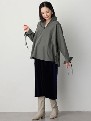 綿混ギャザーハイネックブラウス　マタニティ　授乳服【出産後も長く使える】10413