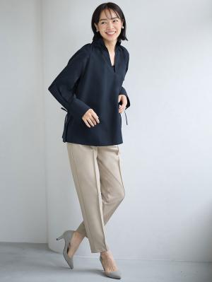 マタニティ トップス|綿混ギャザーハイネックブラウス　マタニティ　授乳服【出産後も長く使える】|ネイビー