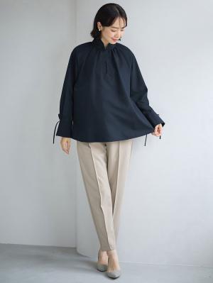 マタニティ トップス|綿混ギャザーハイネックブラウス　マタニティ　授乳服【出産後も長く使える】|ネイビー