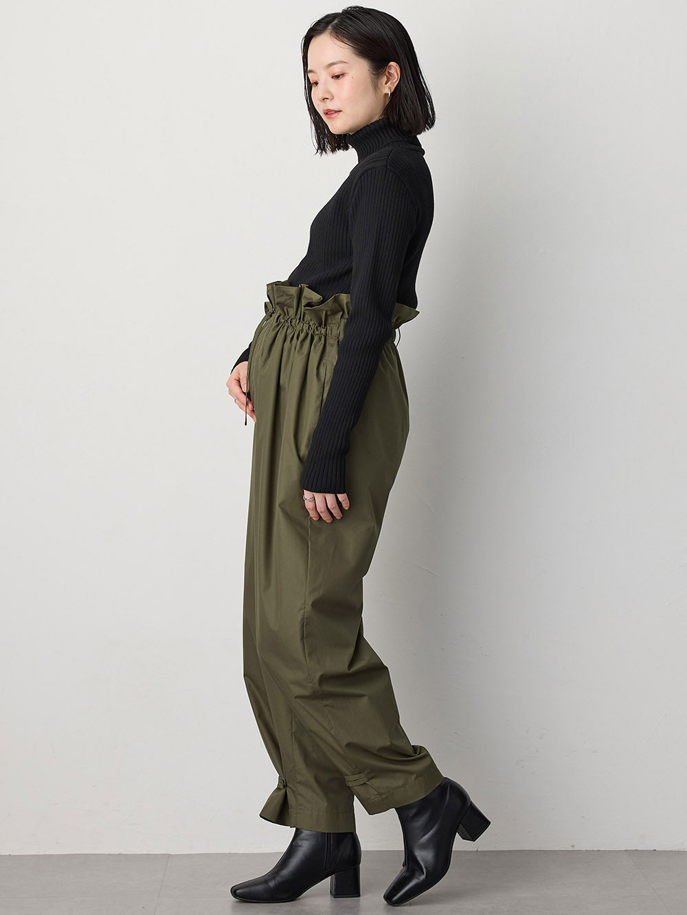 マタニティ パンツ|ウエストギャザーパンツ　マタニティ・産後【出産後も長く使える】|カーキ