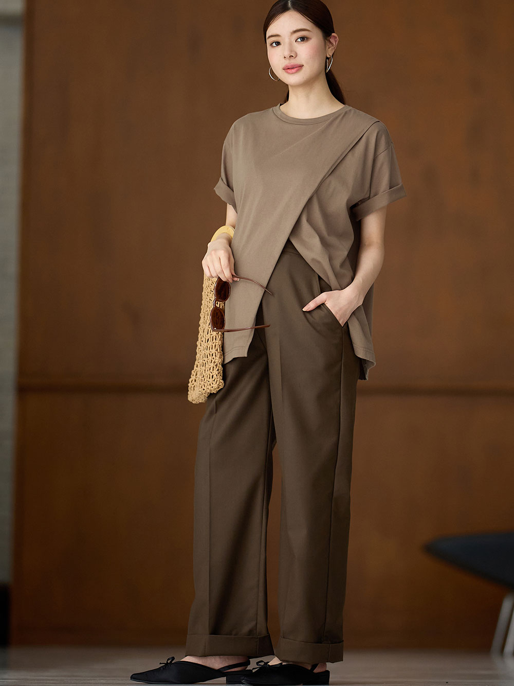 マタニティ パンツ|ハイウェストアジャストワイドパンツ　マタニティ・産後【出産後も長く使える】|ブラウン