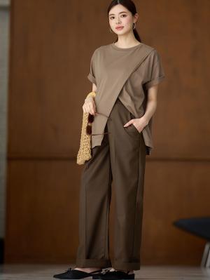 マタニティ パンツ|ハイウェストアジャストワイドパンツ　マタニティ・産後【出産後も長く使える】|ブラウン