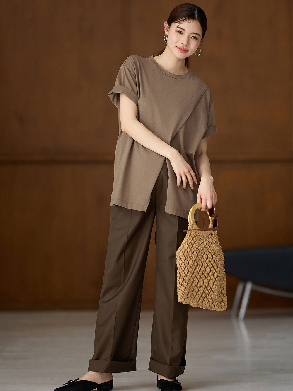 マタニティ パンツ|ハイウェストアジャストワイドパンツ　マタニティ・産後【出産後も長く使える】|ブラウン