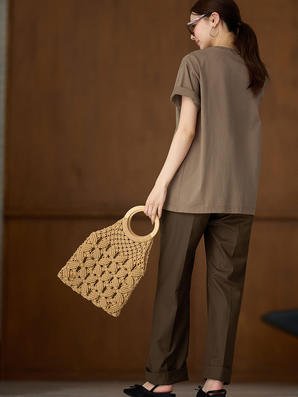 マタニティ パンツ|ハイウェストアジャストワイドパンツ　マタニティ・産後【出産後も長く使える】|ブラウン