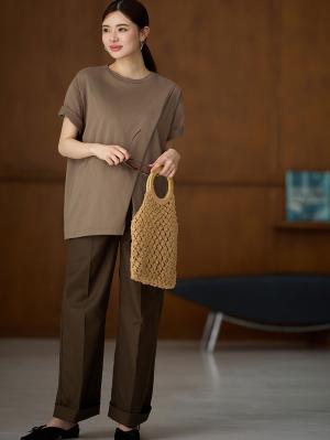 マタニティ パンツ|ハイウェストアジャストワイドパンツ　マタニティ・産後【出産後も長く使える】|ブラウン