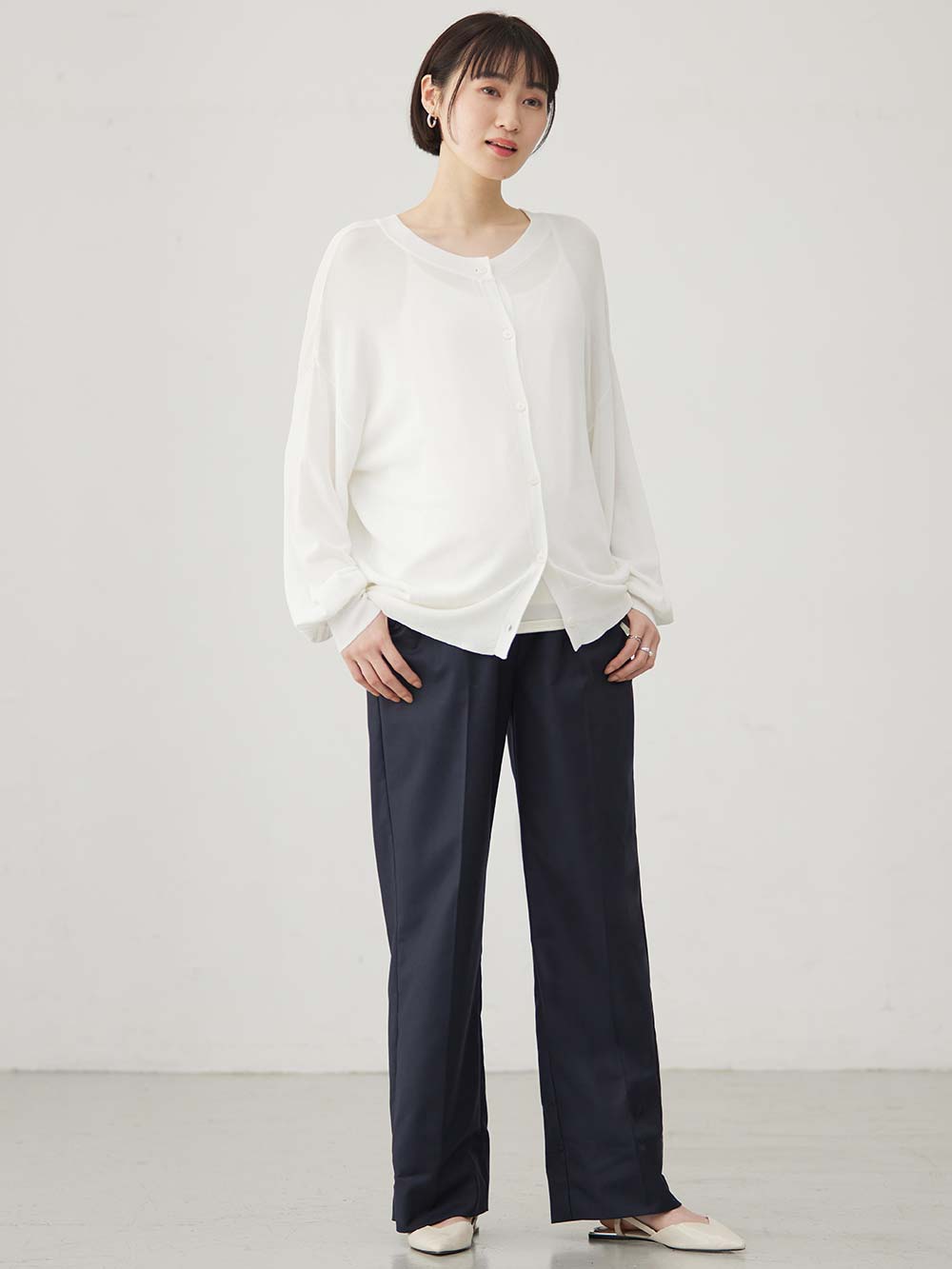 マタニティ パンツ|ハイウェストアジャストワイドパンツ　マタニティ・産後【出産後も長く使える】|ネイビー