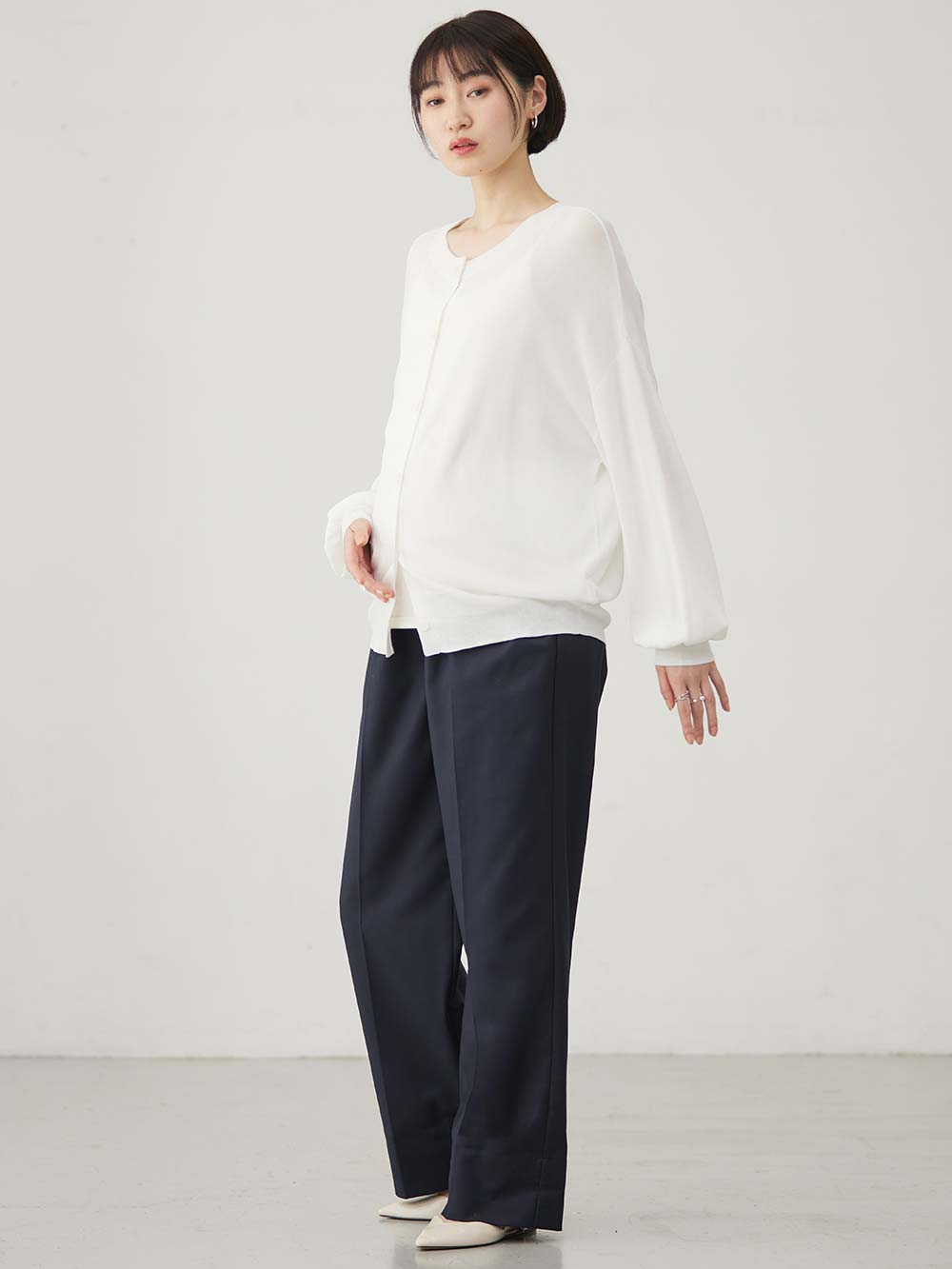 マタニティ パンツ|ハイウェストアジャストワイドパンツ　マタニティ・産後【出産後も長く使える】|ネイビー