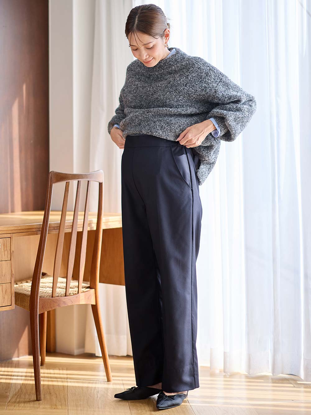 マタニティ パンツ|ハイウェストアジャストワイドパンツ　マタニティ・産後【出産後も長く使える】|ネイビー