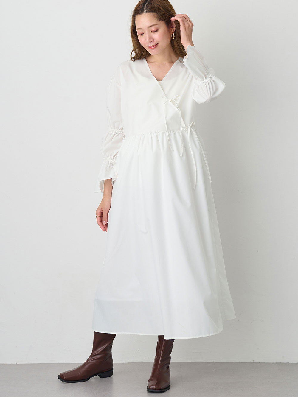 マタニティ ワンピース|綿混リボンカシュクールワンピース マタニティ・授乳服【出産後も長く使える】|オフ