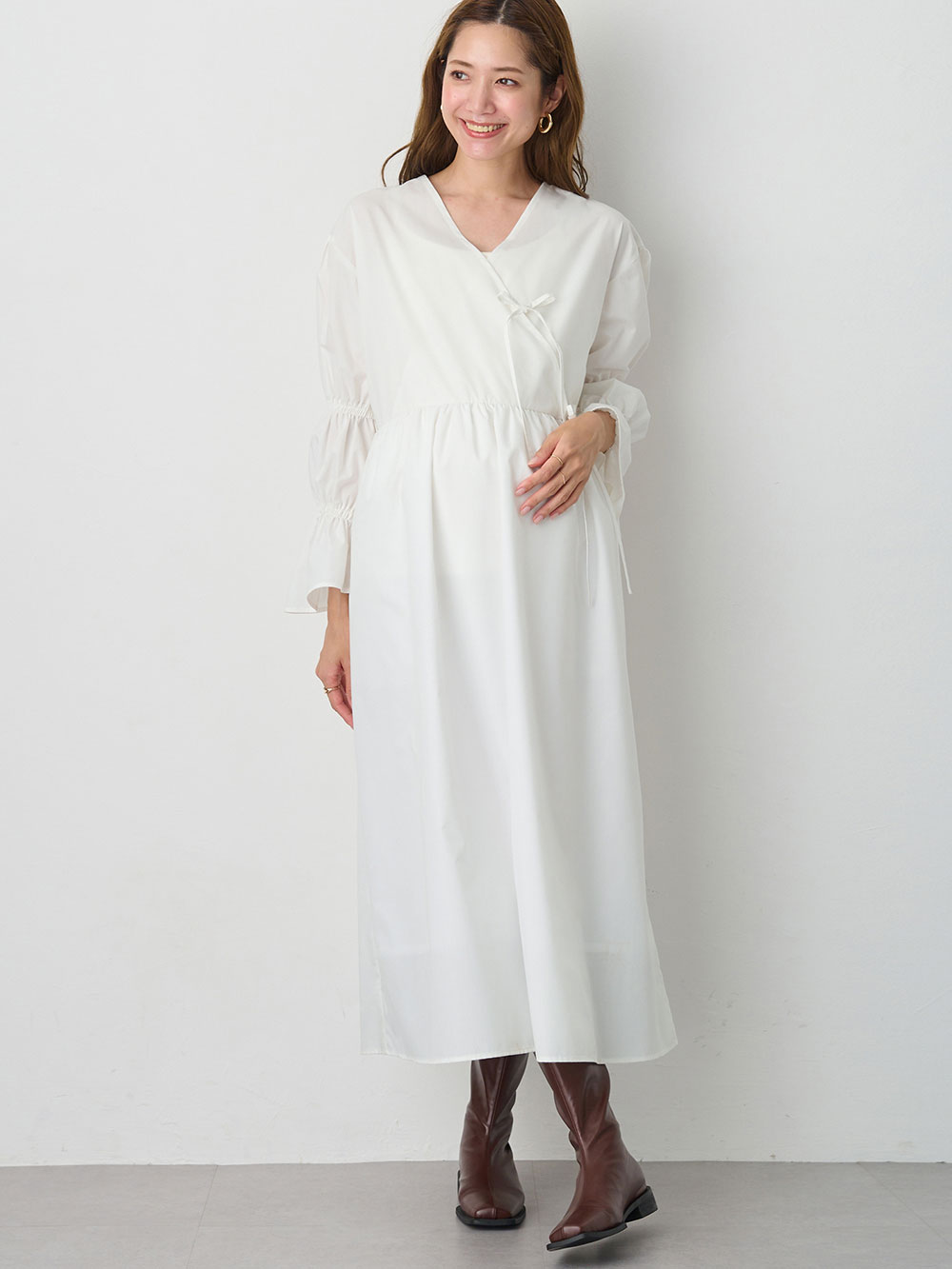 マタニティ ワンピース|綿混リボンカシュクールワンピース マタニティ・授乳服【出産後も長く使える】|オフ