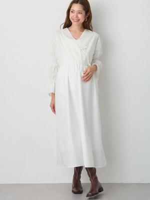 マタニティ ワンピース|綿混リボンカシュクールワンピース マタニティ・授乳服【出産後も長く使える】|オフ