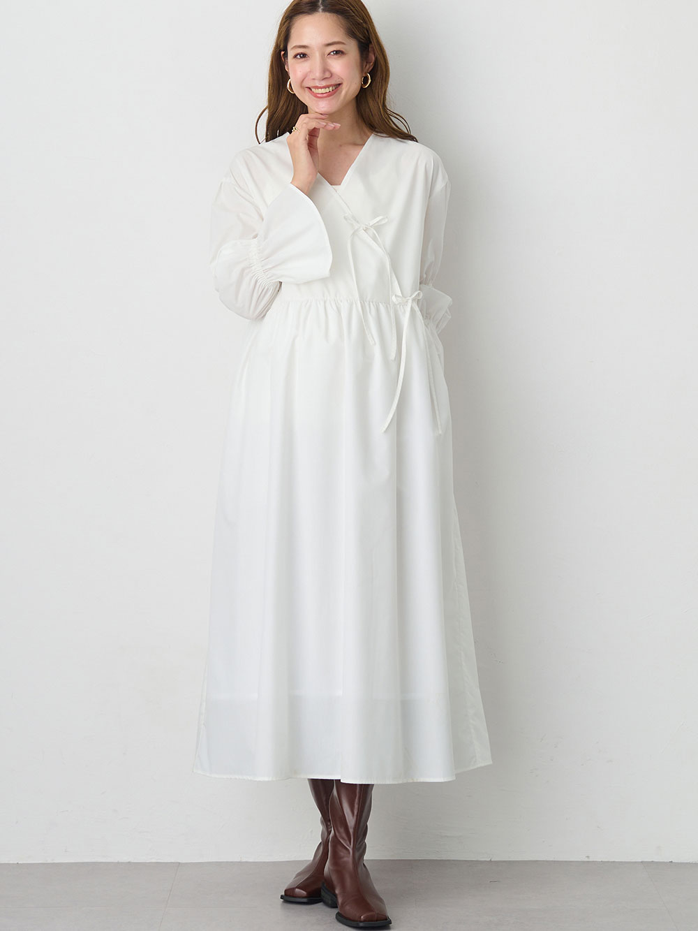 マタニティ ワンピース|綿混リボンカシュクールワンピース マタニティ・授乳服【出産後も長く使える】|オフ