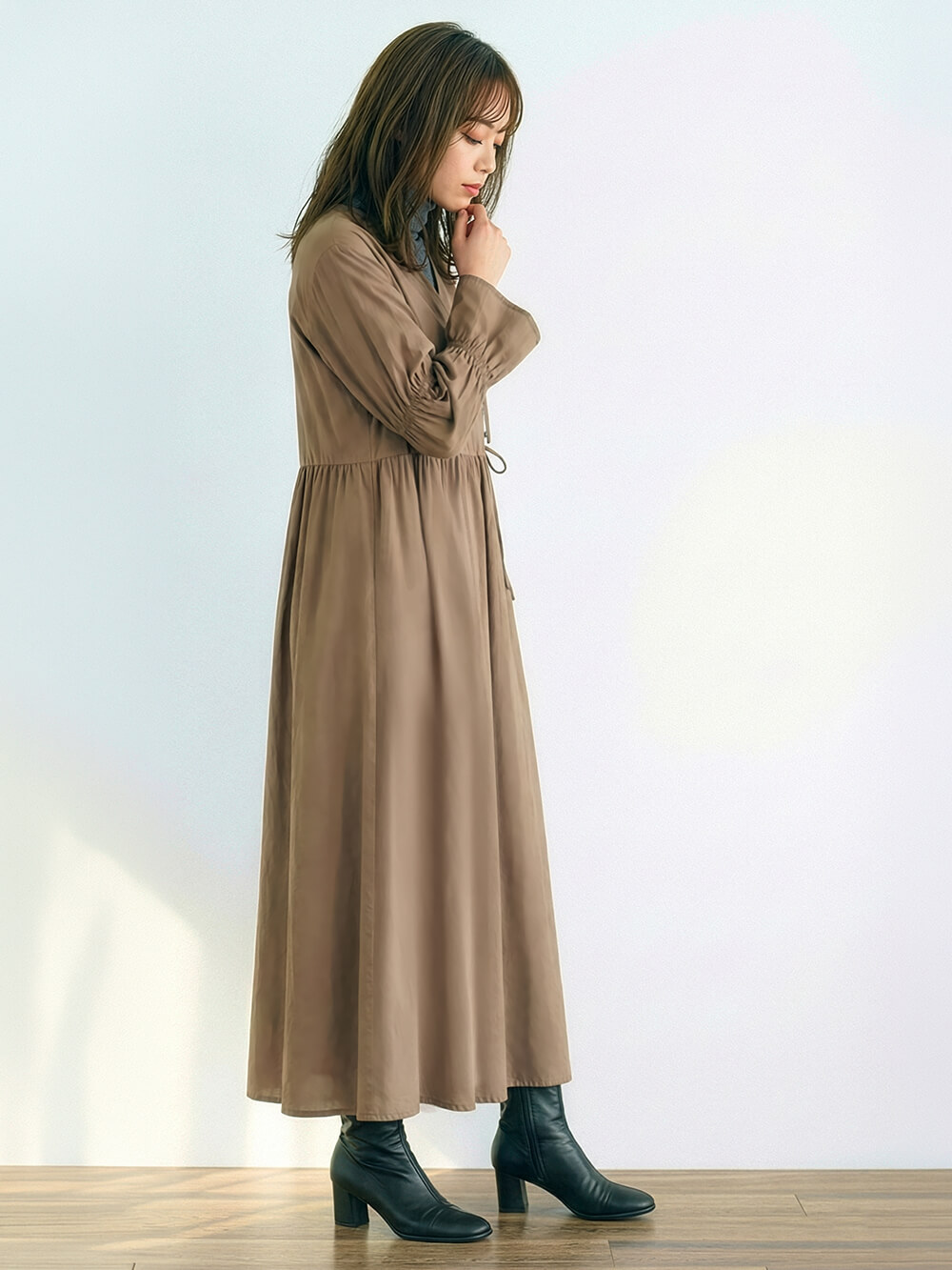 マタニティ ワンピース|綿混リボンカシュクールワンピース マタニティ・授乳服【出産後も長く使える】|モカ