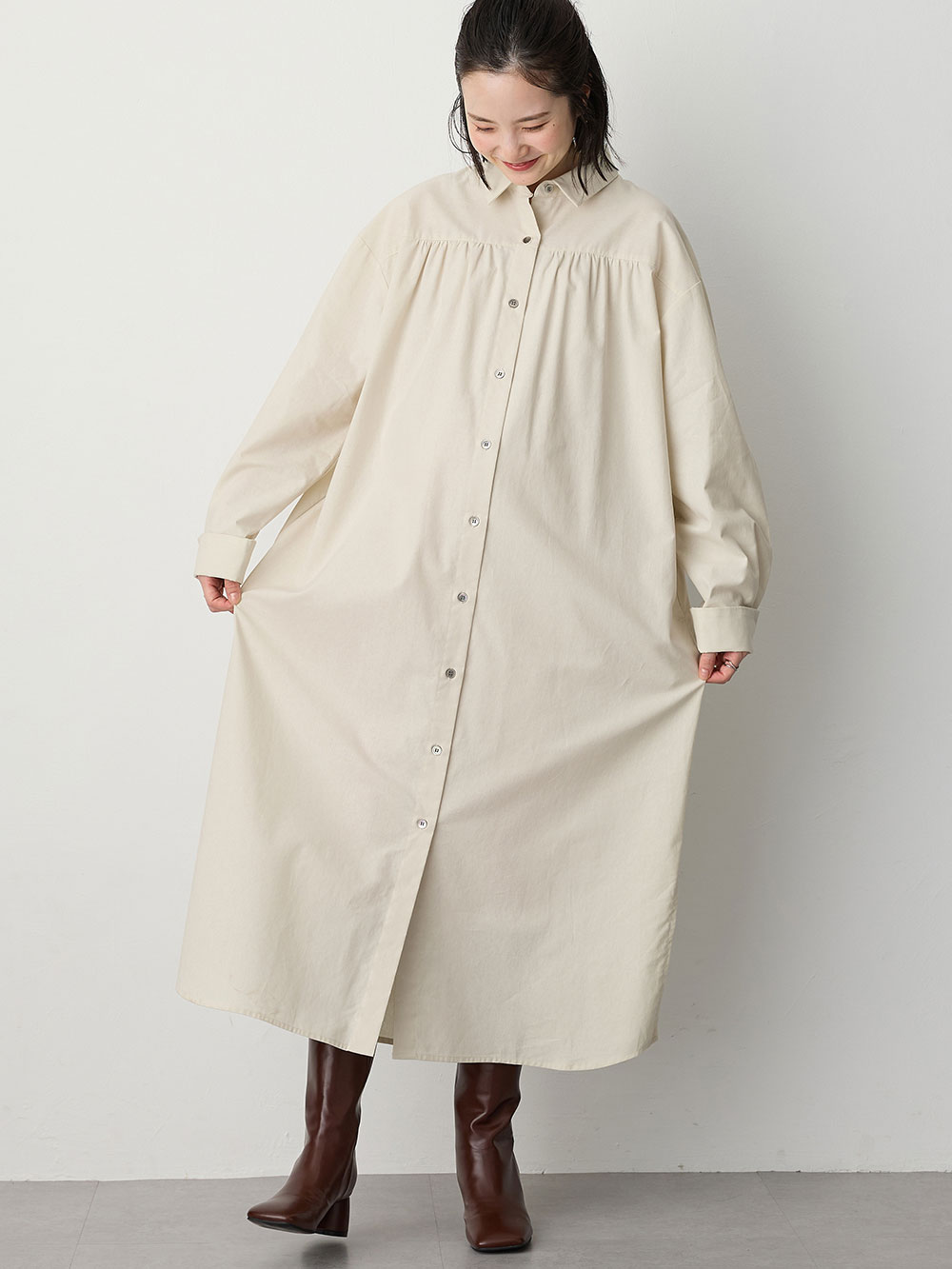 マタニティ ワンピース|【あったか～い。冬支度セール対象】シャツワンピース　マタニティ・授乳服【出産後も長く使える】|アイボリー