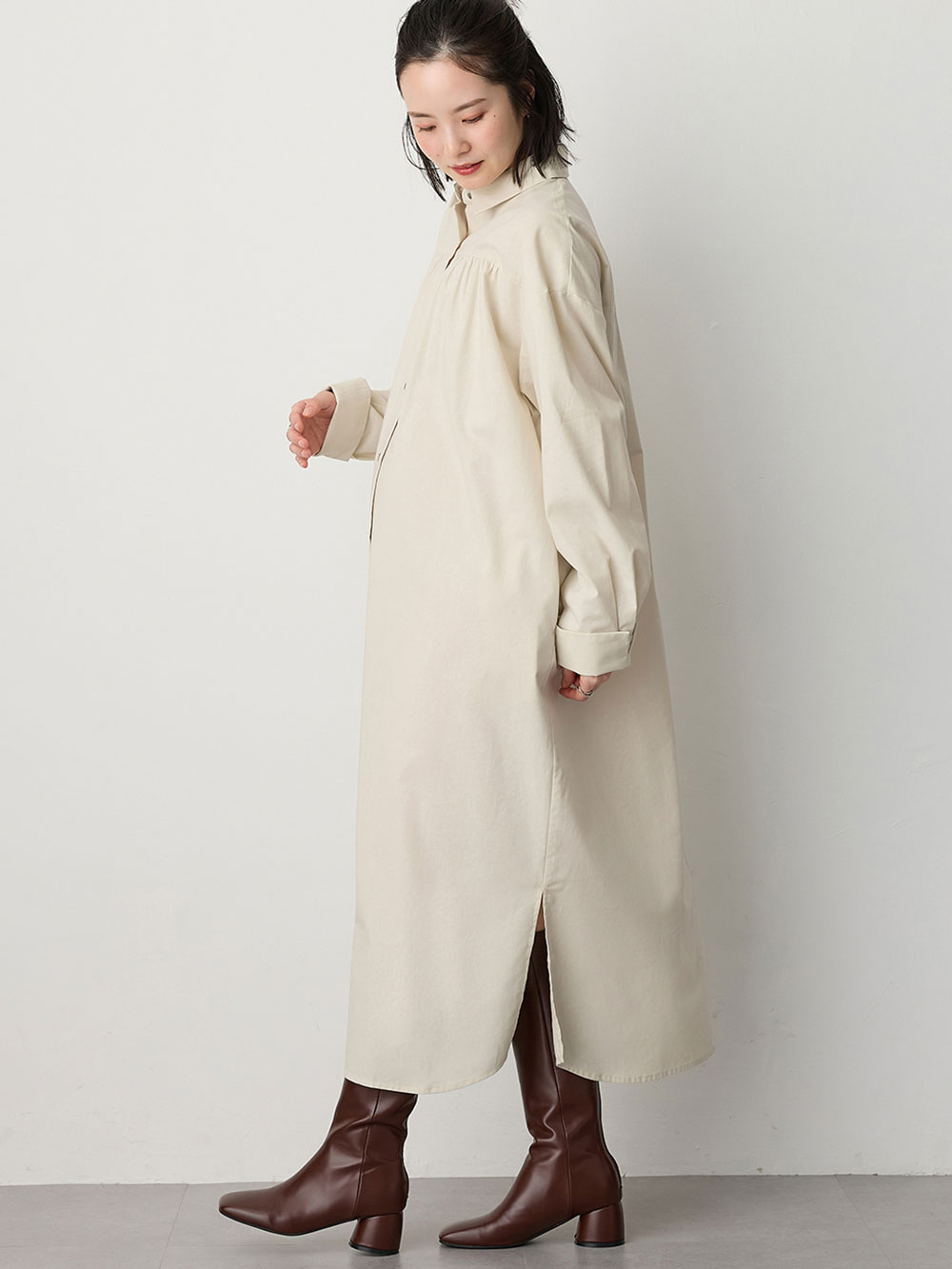 マタニティ ワンピース|【あったか～い。冬支度セール対象】シャツワンピース　マタニティ・授乳服【出産後も長く使える】|アイボリー