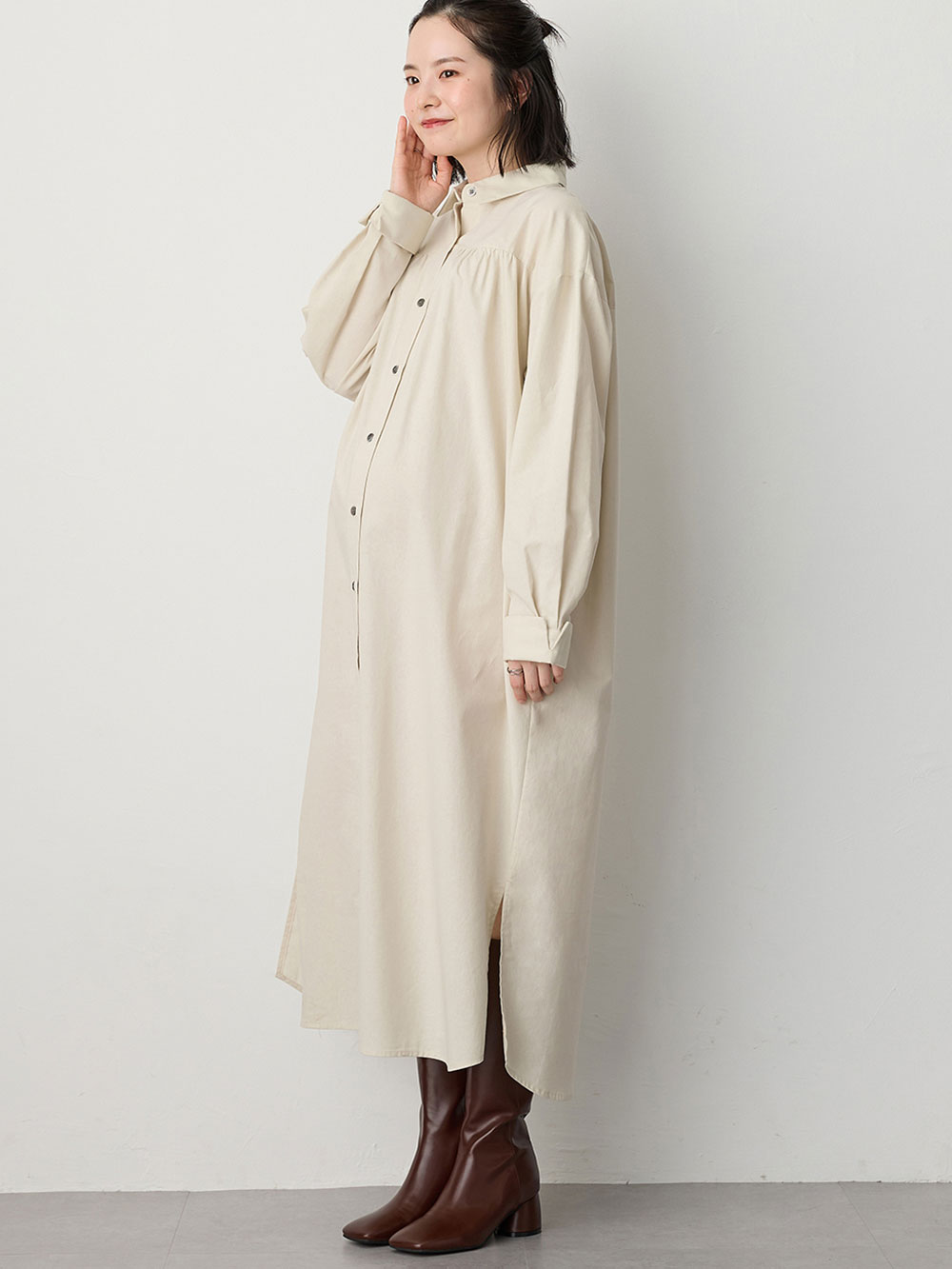 マタニティ ワンピース|【あったか～い。冬支度セール対象】シャツワンピース　マタニティ・授乳服【出産後も長く使える】|アイボリー