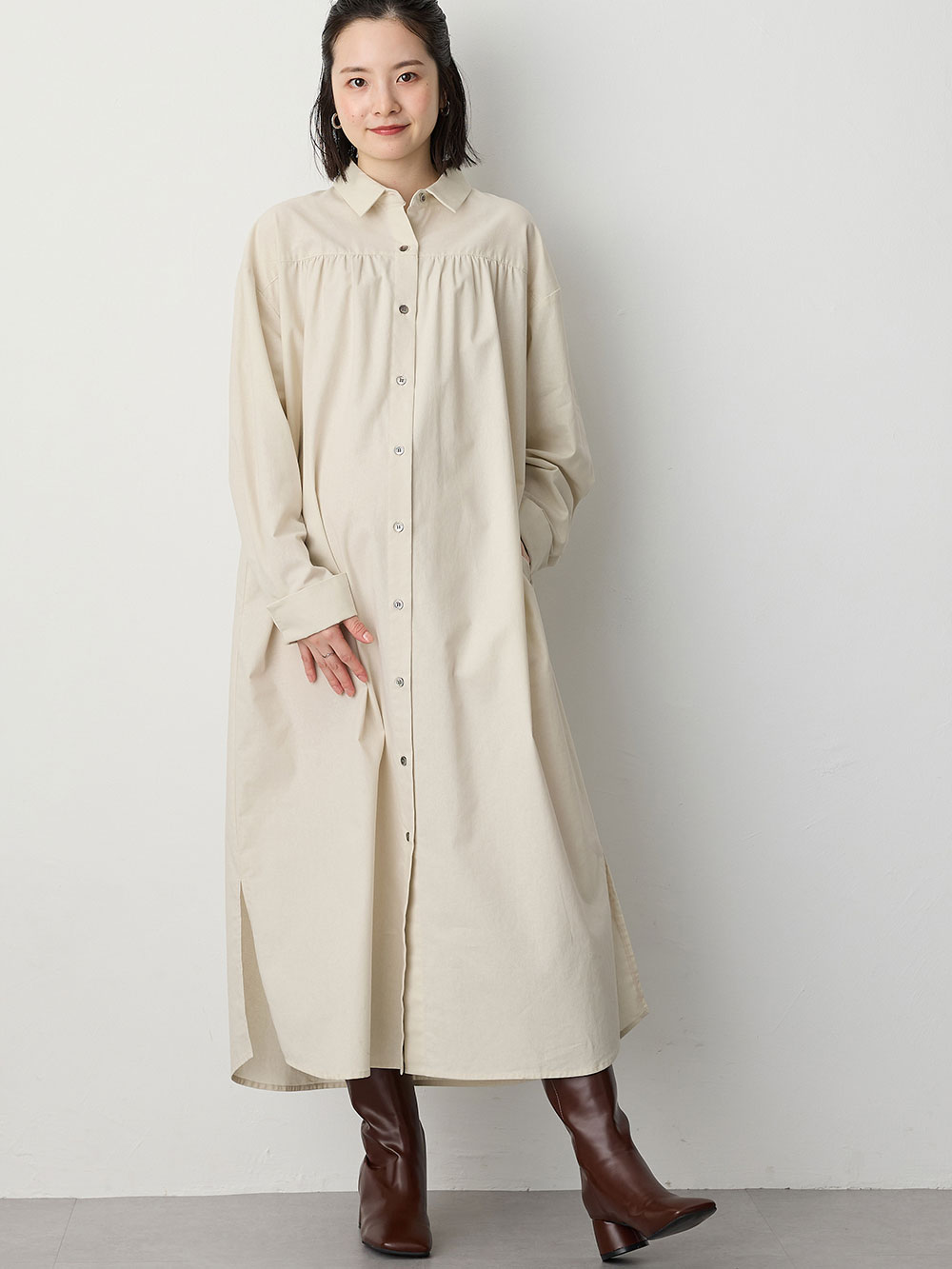 マタニティ ワンピース|【あったか～い。冬支度セール対象】シャツワンピース　マタニティ・授乳服【出産後も長く使える】|アイボリー