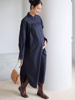 マタニティ ワンピース|【あったか～い。冬支度セール対象】シャツワンピース　マタニティ・授乳服【出産後も長く使える】|ダークネイビー