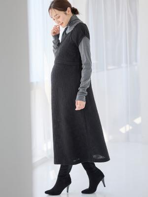 マタニティ ワンピース|ツィードパフスリーブワンピース　マタニティ・授乳服【出産後も長く使える】|ブラック