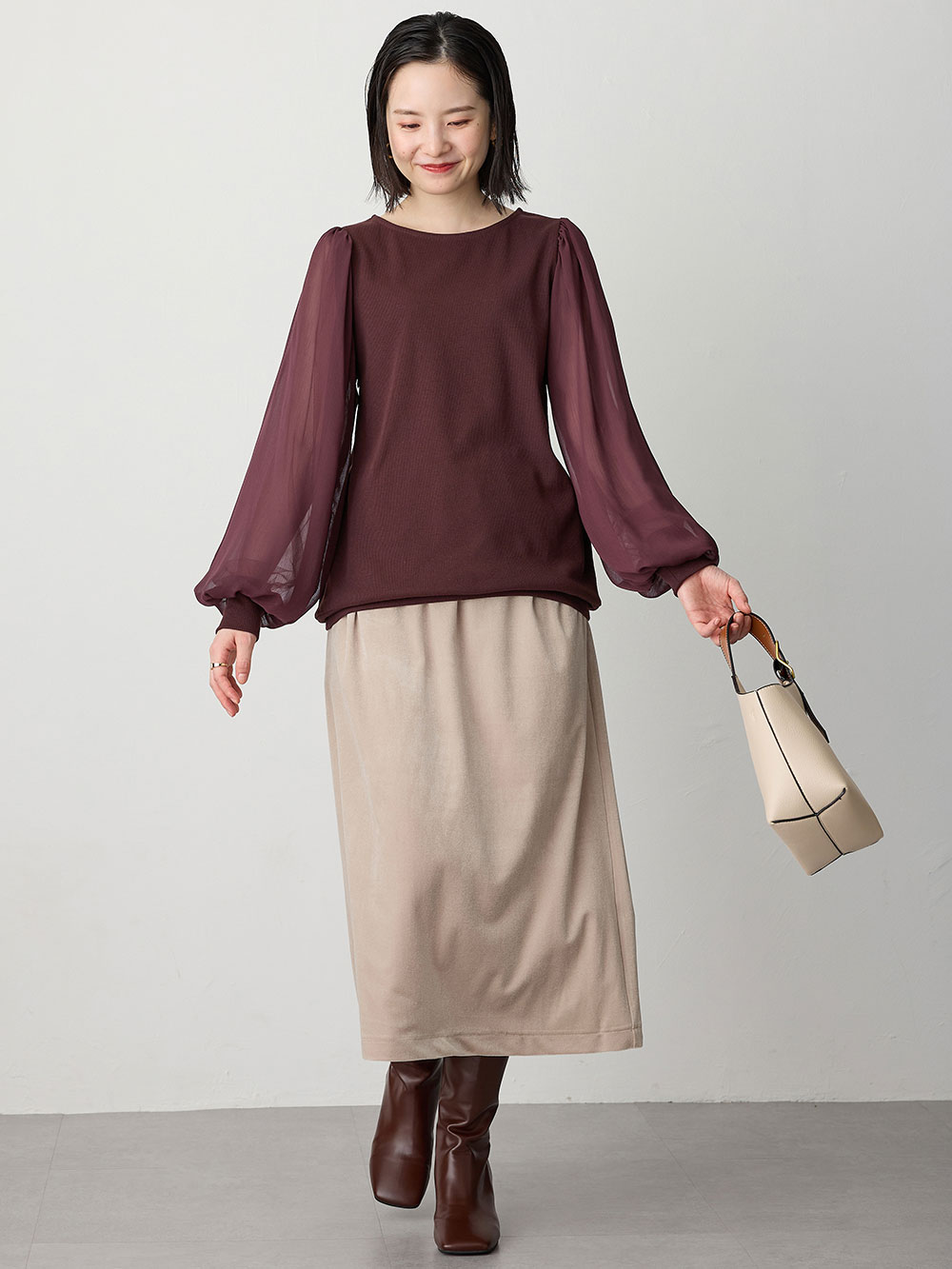 マタニティ スカート|ベロアギャザースカート マタニティ・産後【出産後も長く使える】|ベージュ