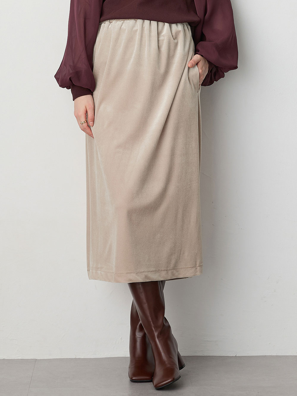マタニティ スカート|ベロアギャザースカート マタニティ・産後【出産後も長く使える】|ベージュ