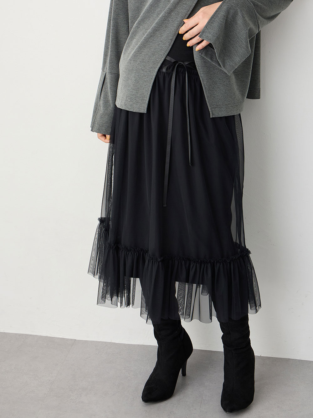 マタニティ スカート|ティアードチュールスカート マタニティ・産後【出産後も長く使える】|ブラック